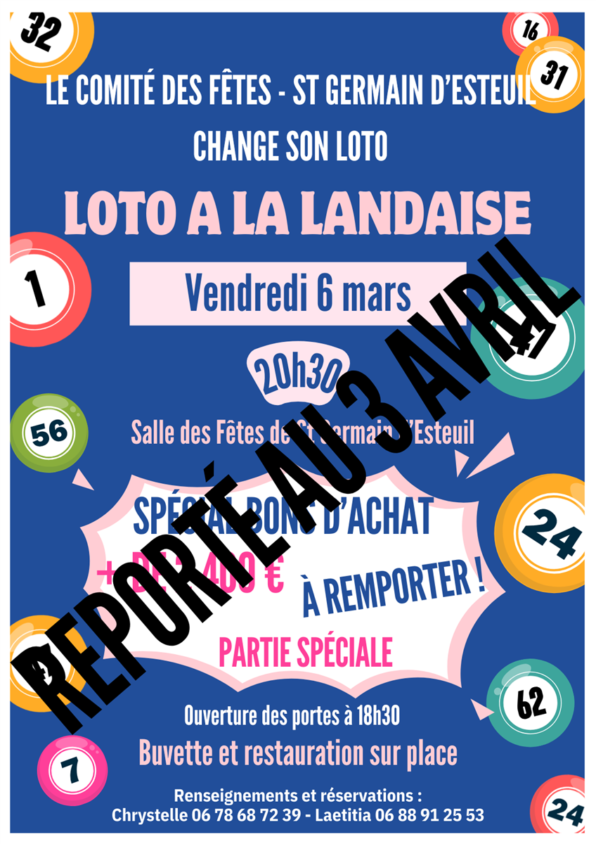REPPORTE AU 3 AVRIL - Loto du comité des fêtes