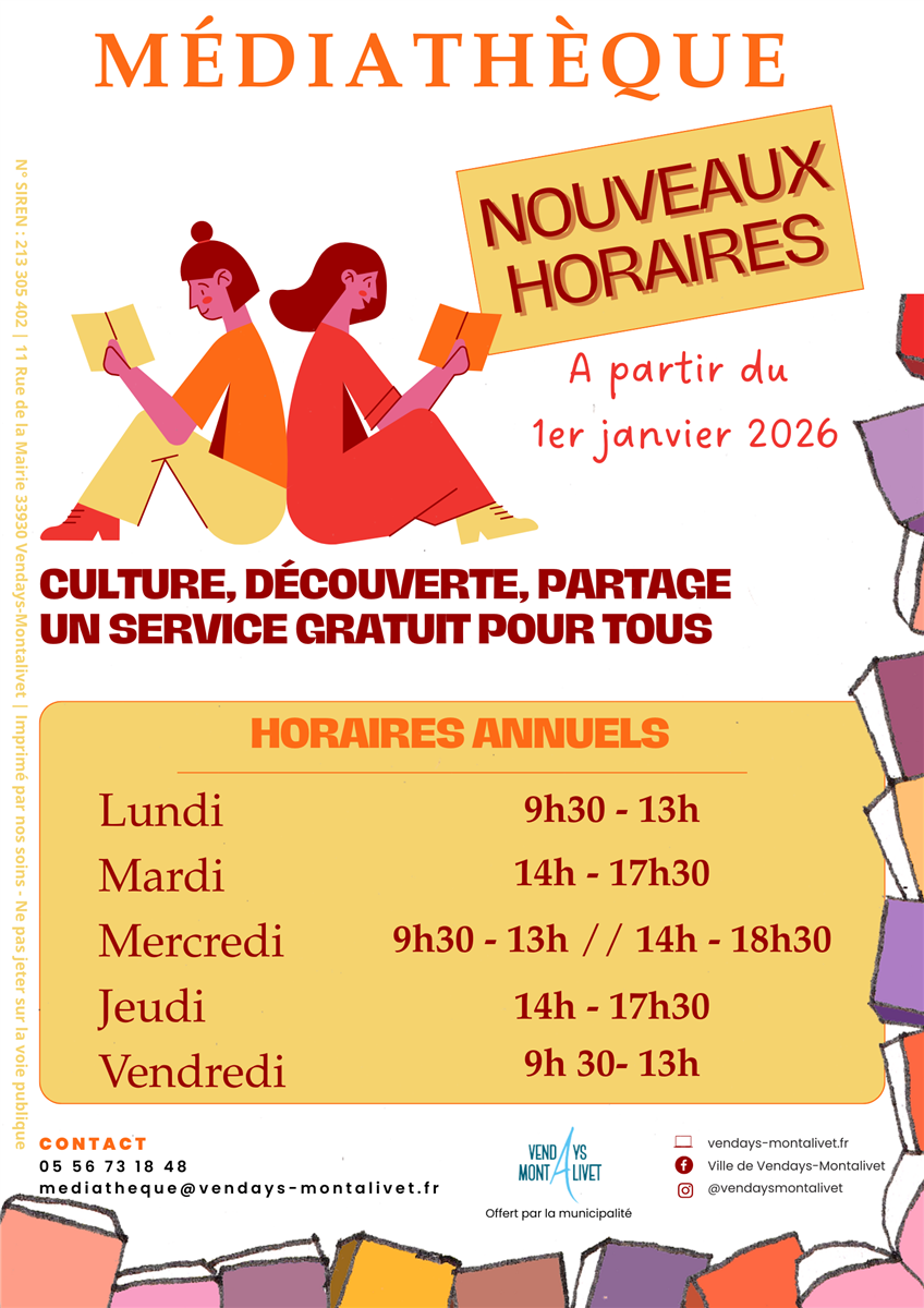 Médiathèque Vendays, Horaires 2026