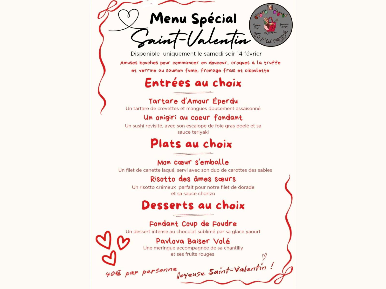Menu de la Saint-Valentin - Au P'tit Marché