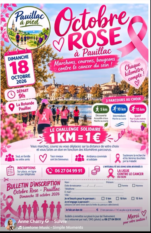 Octobre Rose 2026 avec "Pauillac à Pied" : challenge solidaire 1km = 1€