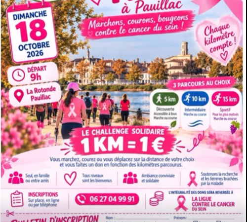 Octobre Rose 2026 avec "Pauillac à Pied" : challenge solidaire 1km = 1€